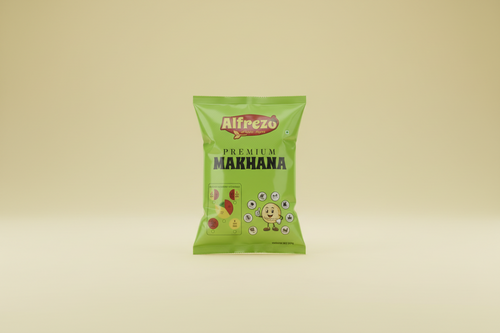 Green packet of Alfrezo Premium Makhana with branding and product information.